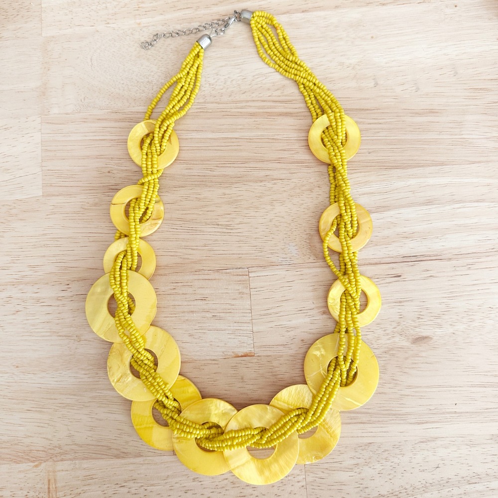 Yellow Shell Disc Boho‎ Beach Necklace Multi Strand Seed Beads Bib Statement 22"